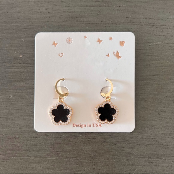 High Heels on the High Road Jewelry - Black Mother of Pearl & Pavè Rhinestone Flower Floral Clover Gold Hoop Earrings